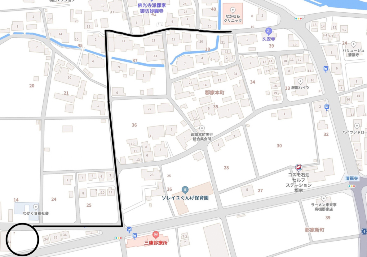 クリニックからデイパークまでの地図